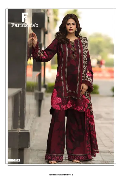 Farida Fab Charizma Vol 2 maroon floral printed lawn salwar suit with dark patterns and matching dupatta.