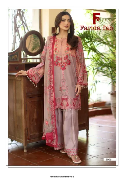 Farida Fab Charizma Vol 2 mauve floral printed lawn salwar suit with pink floral embroidery and pearl embellishments.