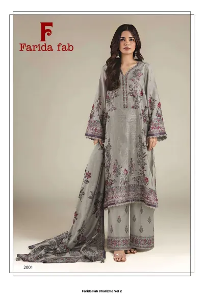 Farida Fab Charizma Vol 2 grey floral printed lawn salwar suit with deep pink floral accents and thread work.