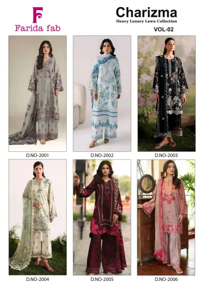 Farida Fab Charizma Vol 2 collage showcasing six different designs from the lawn salwar suit collection.