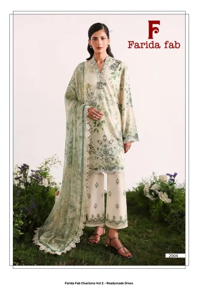 Farida Fab Charizma Vol 2 - Readymade Dress: Off-white salwar suit, green floral print, thread work embroidery on neck, paired with a matching printed dupatta.