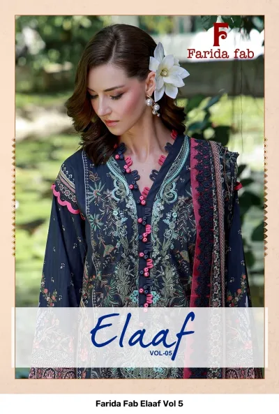 Farida Fab Elaaf Vol 5 white salwar suit with purple floral print, embroidery, and tassel detailing.