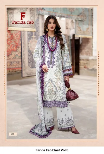Farida Fab Elaaf Vol 5 lilac salwar suit, floral print, ruffled dupatta, and embroidery work.