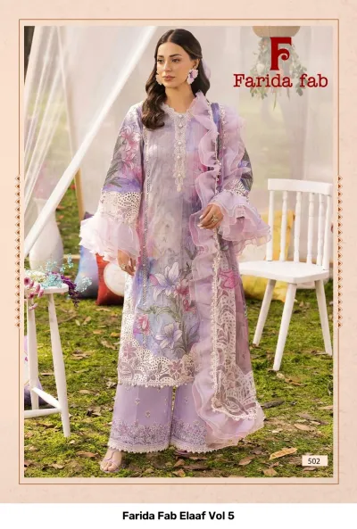 Farida Fab Elaaf Vol 5 deep green salwar suit with intricate thread embroidery and sheer dupatta.