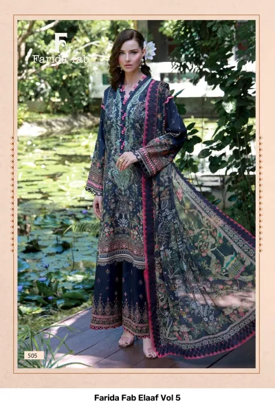 Farida Fab Elaaf Vol 5 black sleeveless salwar suit with intricate embroidery and printed dupatta.