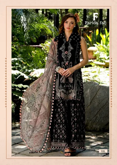 Farida Fab Elaaf Vol 5 dark navy blue salwar suit close-up with floral embroidery and button embellishments.