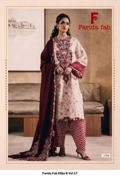 Farida Fab Ellija B Vol 17 design 6 of 8 — Pure Cotton Karachi Cotton Dress Material with print by Farida, wholesale Surat