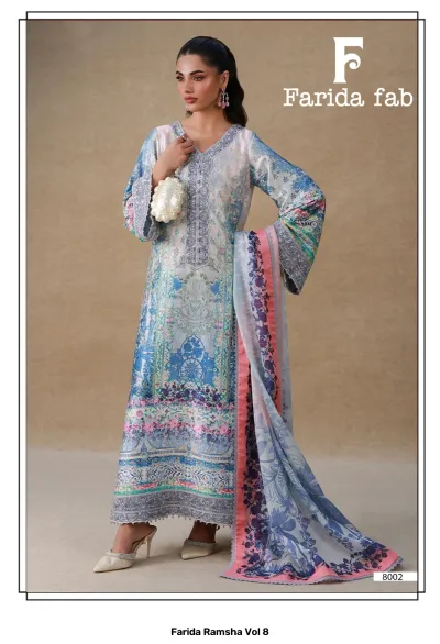 Farida Ramsha Vol 8 blue and grey floral printed Pakistani cotton suit with thread work embroidery and matching dupatta.
