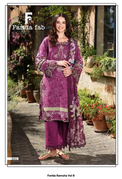 Farida Ramsha Vol 8 purple floral printed Pakistani cotton suit with intricate thread work embroidery and matching dupatta.