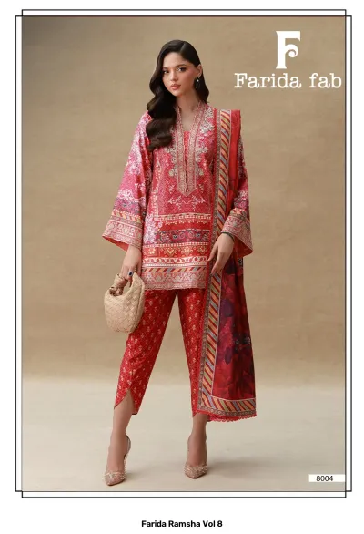Farida Ramsha Vol 8 red geometric and floral printed Pakistani cotton suit with embroidery and coordinated patterned dupatta.