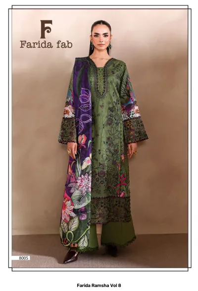 Farida Ramsha Vol 8 olive green Pakistani cotton suit with floral print, detailed embroidery, and deep purple floral dupatta.