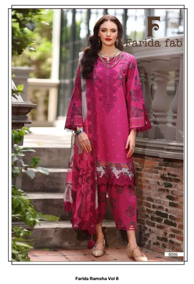 Farida Ramsha Vol 8 fuchsia pink Pakistani cotton suit with elaborate thread embroidery and floral printed dupatta.