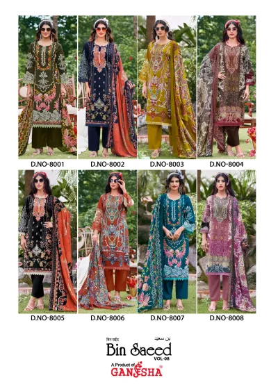 Ganesha Binsaeed Vol 8 - Readymade Dress: A catalog collage showcasing eight different designs from the collection with their respective design numbers.