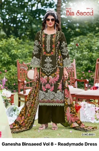 Ganesha Binsaeed Vol 8 - Readymade Dress: An olive green printed salwar suit featuring floral patterns and intricate embroidery on the neckline.