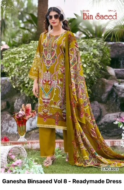 Ganesha Binsaeed Vol 8 - Readymade Dress: A mustard yellow printed salwar suit with ornate traditional patterns, matching trousers, and a patterned dupatta.