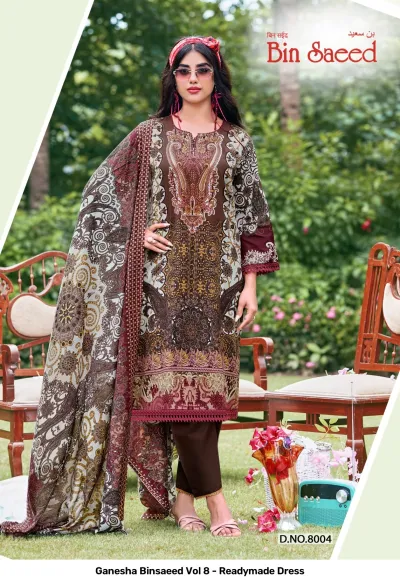 Ganesha Binsaeed Vol 8 - Readymade Dress: A brown printed salwar suit with intricate paisley and geometric motifs, including trousers and a long dupatta.