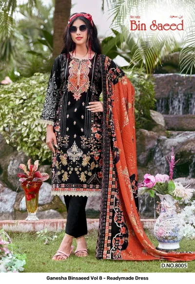 Ganesha Binsaeed Vol 8 - Readymade Dress: A black printed salwar suit featuring detailed floral embroidery and a vibrant orange patterned dupatta.