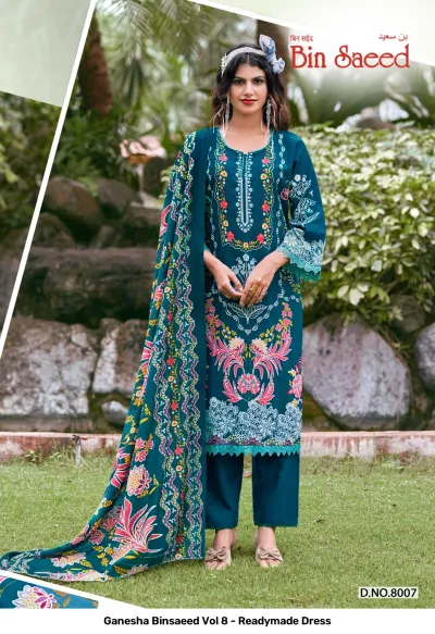 Ganesha Binsaeed Vol 8 - Readymade Dress: A deep teal printed salwar suit with floral embroidery, matching trousers, and a matching patterned dupatta.