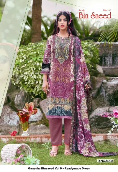 Ganesha Binsaeed Vol 8 - Readymade Dress: A purple printed salwar suit featuring intricate geometric patterns, embroidery on the neckline, and matching trousers.