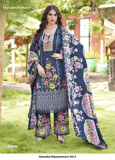 Ganesha Mausummery Vol 1: Navy blue salwar suit set with intricate floral prints on the kurti, wide-leg palazzo, and matching dupatta.