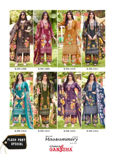 Ganesha Mausummery Vol 1: Catalog collage displaying various colorways of floral printed salwar suits with palazzo pants.