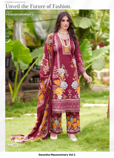 Ganesha Mausummery Vol 1: Maroon salwar suit set with bold floral print, including a kurti, matching wide-leg pants, and a printed dupatta.