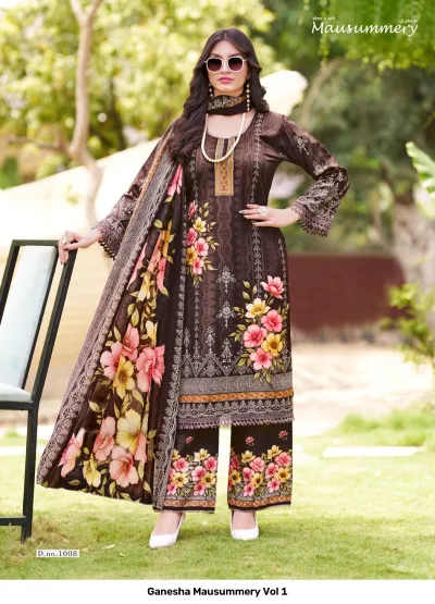 Ganesha Mausummery Vol 1: Dark brown salwar suit set with pink and yellow floral print, featuring a kurti, palazzos, and coordinating dupatta.