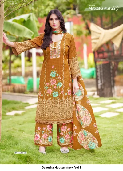 Ganesha Mausummery Vol 1: Mustard yellow salwar suit with floral patterns on the kurti and palazzo, paired with a matching printed dupatta.