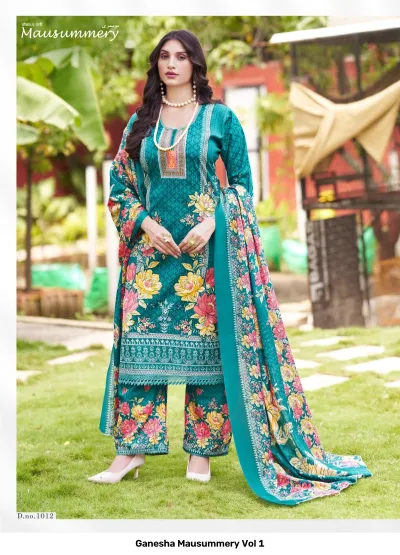Ganesha Mausummery Vol 1: Teal blue salwar suit with vibrant floral print on kurti, palazzos, and matching dupatta.