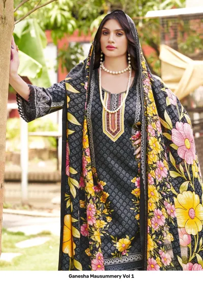 Ganesha Mausummery Vol 1: Black salwar suit set adorned with pink and yellow floral prints on kurti, matching palazzo, and dupatta.