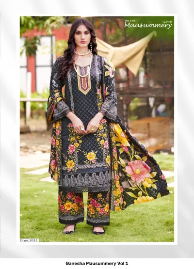 Ganesha Mausummery Vol 1: Black salwar suit with floral print detail on kurti, palazzo pants, and shawl-style dupatta.