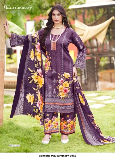 Ganesha Mausummery Vol 1: Deep purple salwar suit with yellow and pink floral print on kurti, wide-leg trousers, and dupatta.