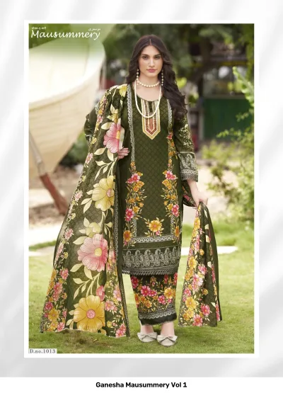 Ganesha Mausummery Vol 1: Olive green salwar suit with floral print patterns across the kurti, matching palazzo pants, and printed dupatta.