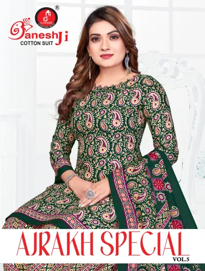 Ganeshji Ajrakh Special Vol 5. A model wearing a dark green salwar suit with paisley block prints and a matching dupatta.