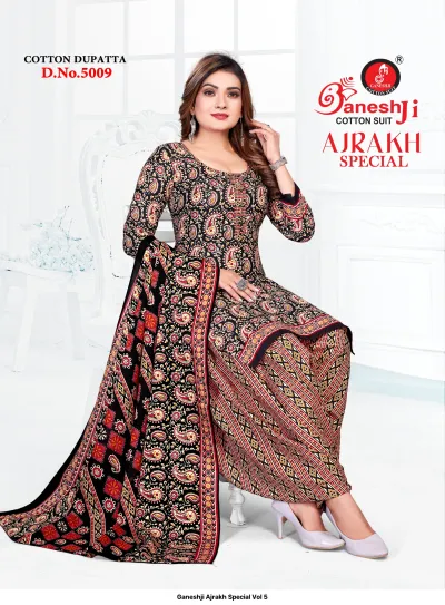 Ganeshji Ajrakh Special Vol 5. A model in a black salwar suit with paisley prints and a multicolored geometric dupatta.