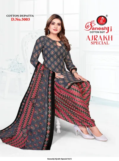 Ganeshji Ajrakh Special Vol 5. A model wearing a grey salwar suit with red and black geometric block print patterns.