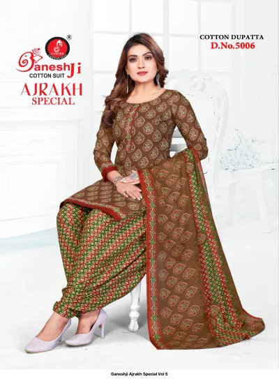 Ganeshji Ajrakh Special Vol 5. A model in a brown salwar suit with green and red geometric block prints.
