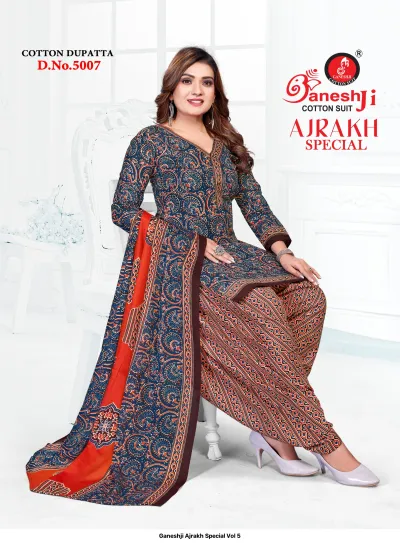 Ganeshji Ajrakh Special Vol 5. A model in a blue salwar suit with orange block prints and a contrasting orange border.