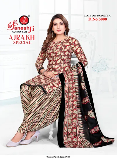 Ganeshji Ajrakh Special Vol 5. A model in a rust-red salwar suit with black and cream geometric block prints.