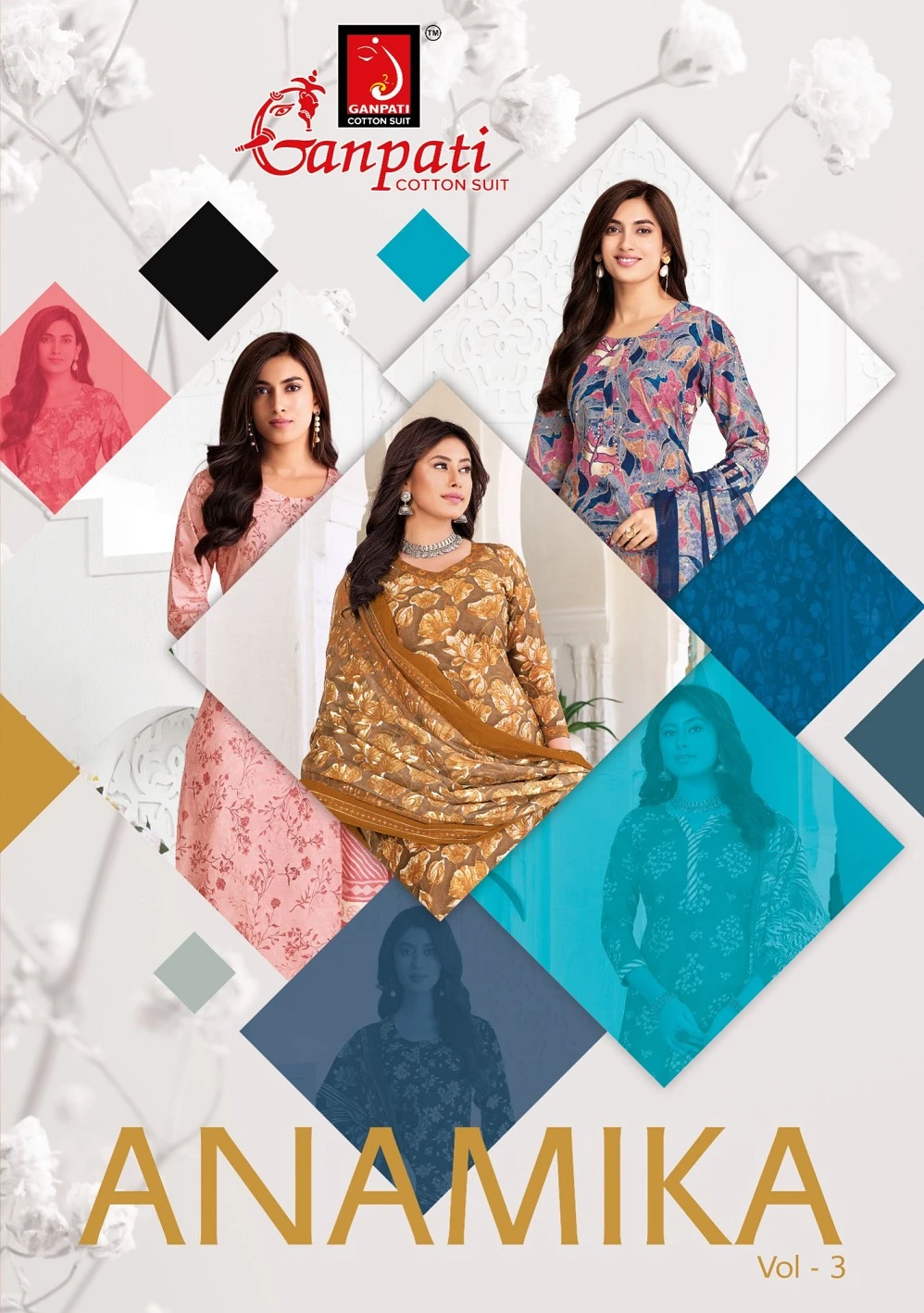 Ganpati Anamika Vol 3, catalog cover showcasing multiple women wearing printed salwar suits with matching dupattas.
