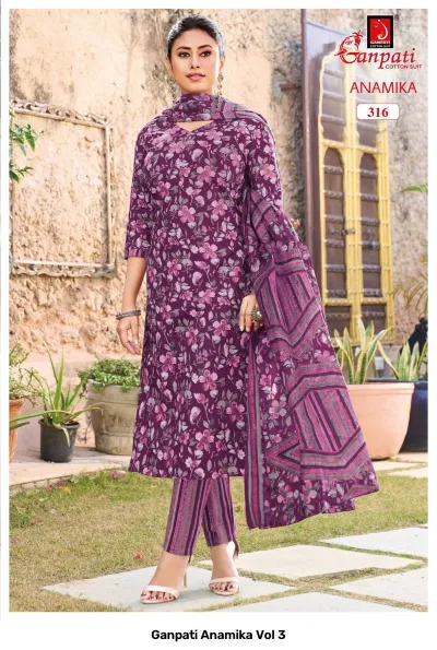Ganpati Anamika Vol 3, dark purple floral printed salwar suit with matching dupatta and striped trousers.