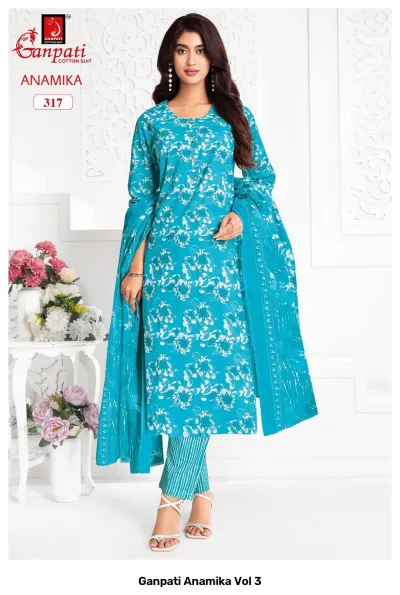 Ganpati Anamika Vol 3, bright blue floral printed salwar suit with matching dupatta and striped trousers.