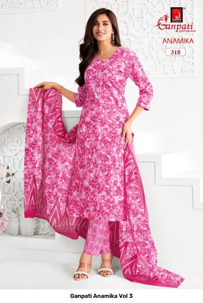 Ganpati Anamika Vol 3, vibrant pink floral printed salwar suit with matching dupatta and patterned trousers.