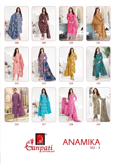 Ganpati Anamika Vol 3, catalog collage showing twelve individual model images of printed salwar suits.