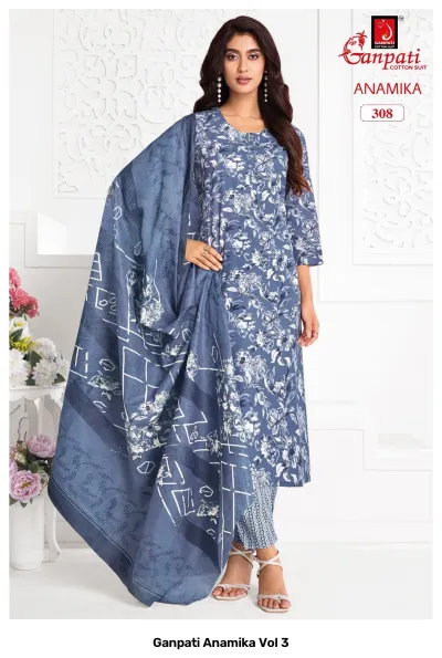 Ganpati Anamika Vol 3, blue floral printed salwar suit with matching dupatta and striped trousers.
