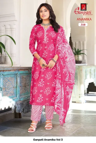 Ganpati Anamika Vol 3, pink floral printed salwar suit with matching dupatta and striped trousers.
