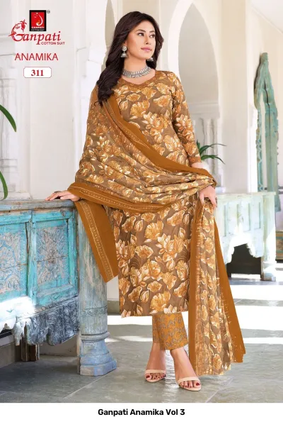 Ganpati Anamika Vol 3, brown floral printed salwar suit with matching dupatta and patterned trousers.
