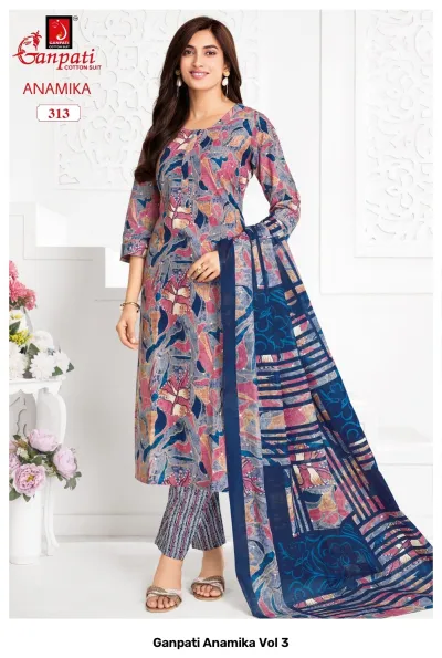 Ganpati Anamika Vol 3, multi-colored floral printed salwar suit with matching navy blue printed dupatta and patterned trousers.