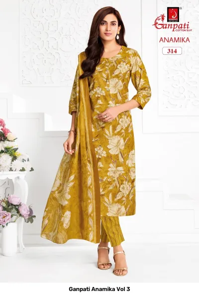 Ganpati Anamika Vol 3, yellow-mustard floral printed salwar suit with matching dupatta and striped trousers.