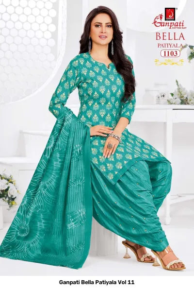 Ganpati Bella Patiyala Vol 11 design 4 of 14 — Pure Cotton Readymade Suits with print by Ganpati Cotton Suit, wholesale Surat